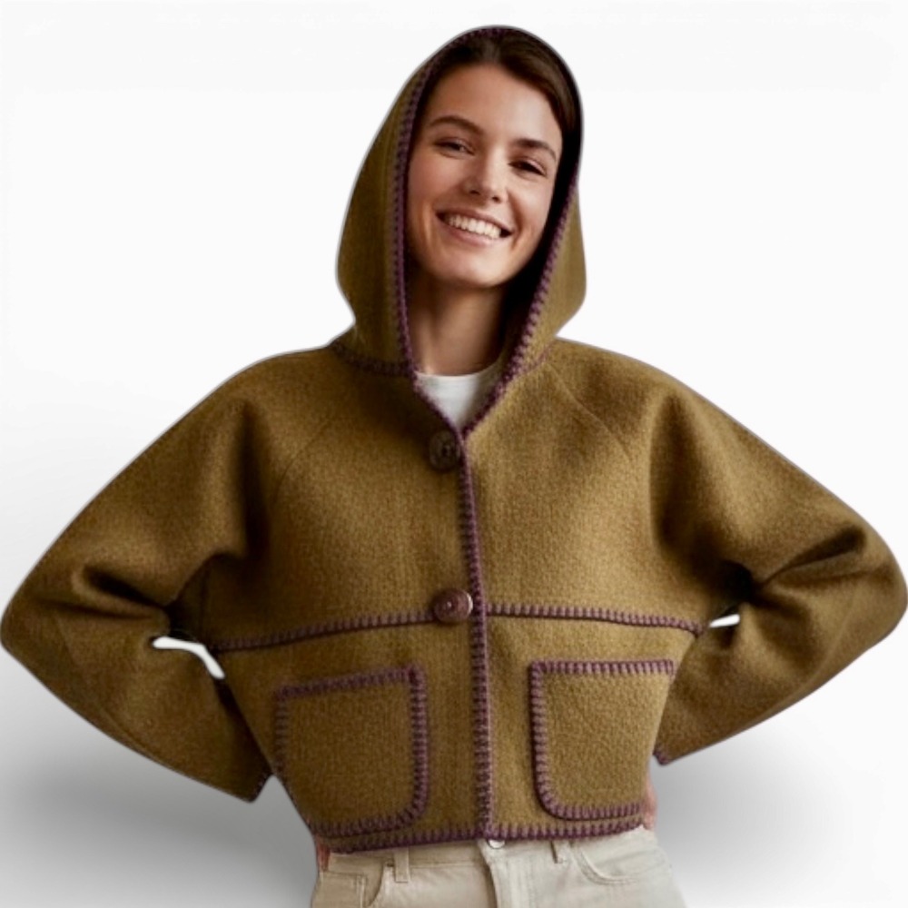 Handmade Hooded Cropped Jacket from Army Green Blanket Button Front Pockets | L